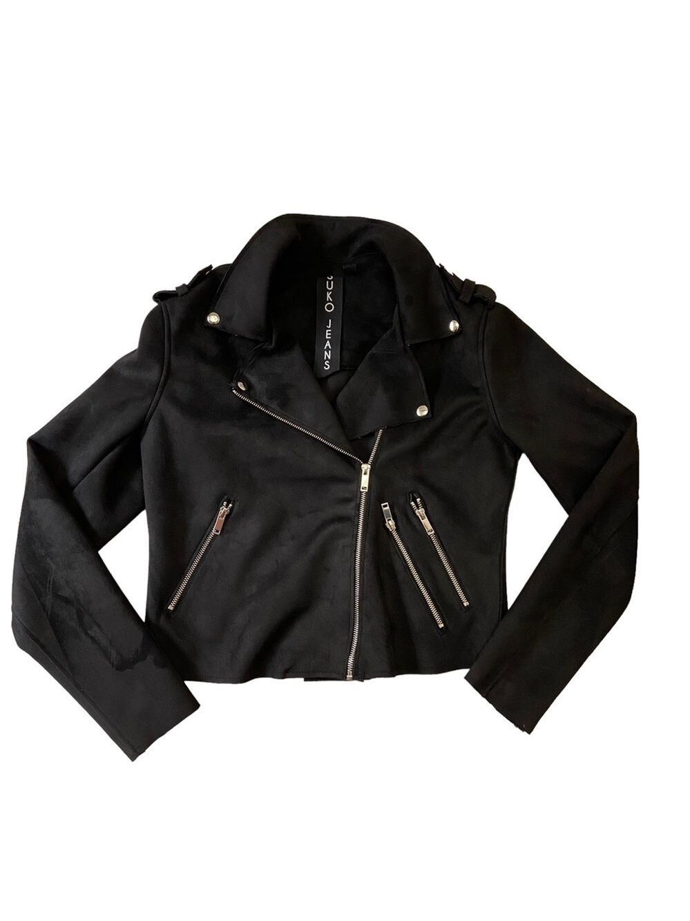 Suko Jeans jacket perfecto cropped navy blue zippers faux leather biker medium